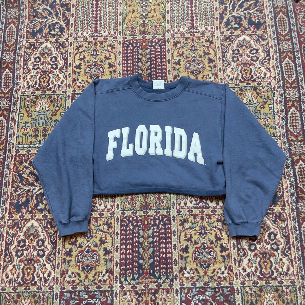 VTG 90s Florida Arch‎ Text Cropped Sweatshirt Navy Blue Graphic Mens Small USA